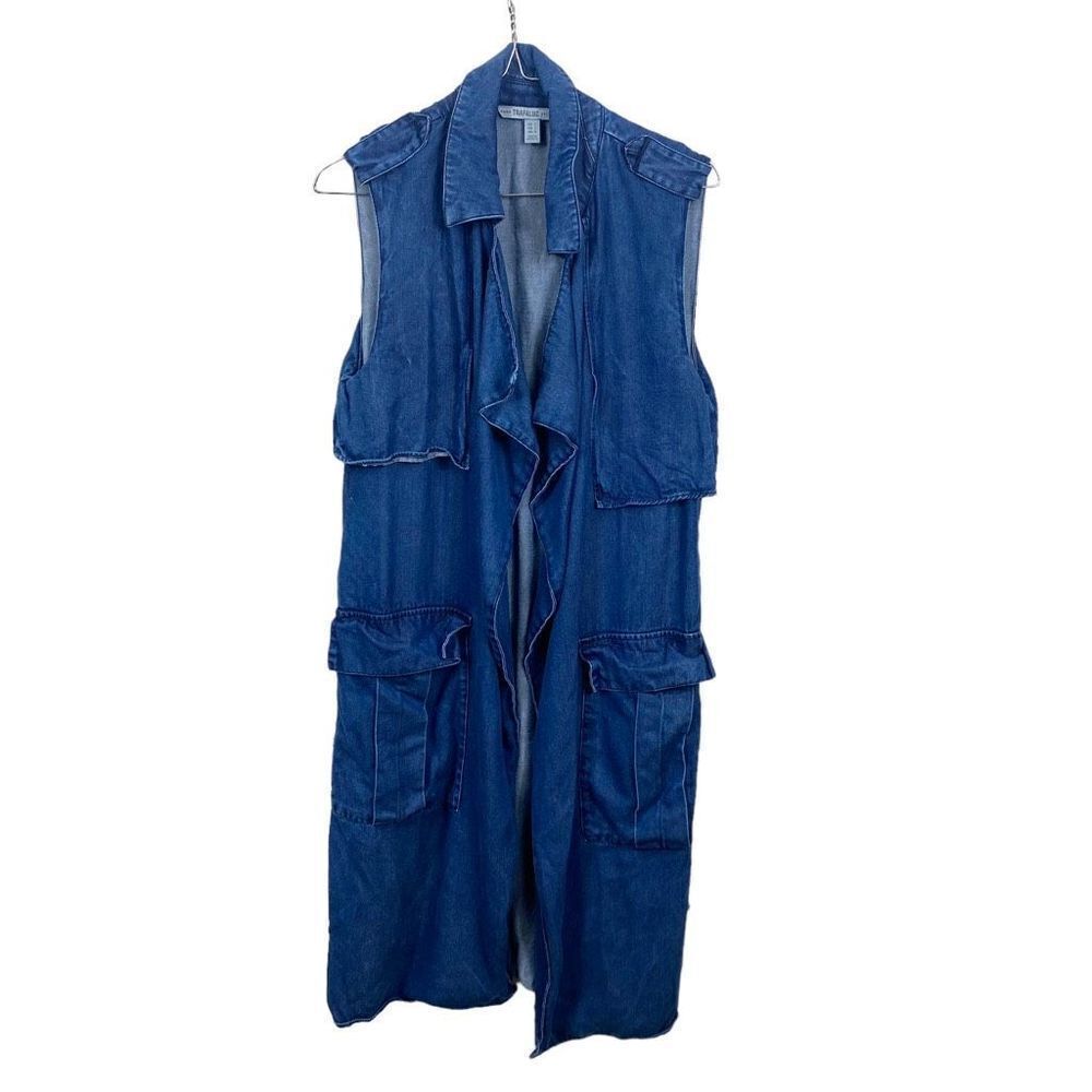 ZARA Women's Small Trafaluc chambray Longline Jacket Notched Lapel Belted
